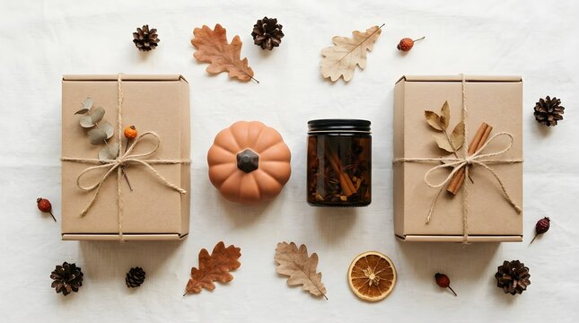 Autumnal flat lay featuring gifts a pumpkin and a dark candle surrounded by seasonal foliage and acorns