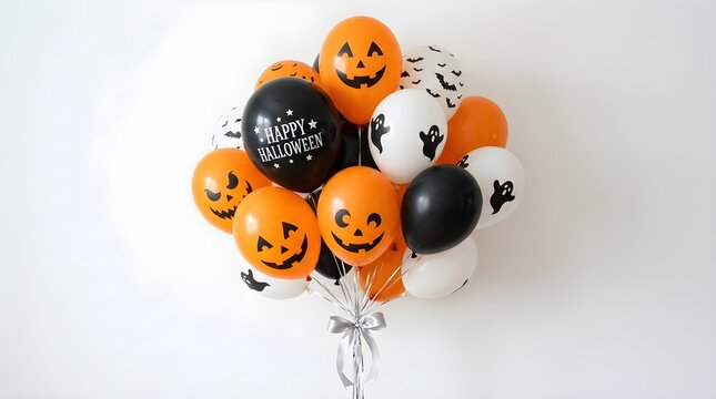 A vibrant festive halloween balloon bouquet features cheerful jack o lantern faces and spooky designs perfect for parties and autumn seasonal celebrations