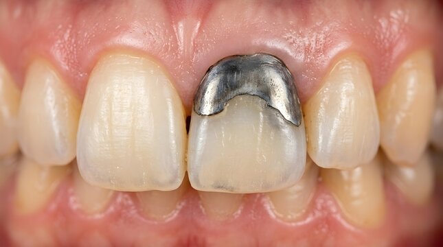 A detailed closeup view of a human tooth exhibiting significant damage with a large silver amalgam filling and visible signs of decay