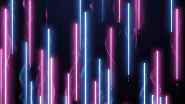 Abstract neon light streaks ascend in dark space with subtle bokeh for futuristic tech backgrounds