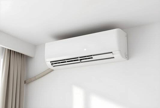 Home air conditioning system for climate control and comfort, modern split unit on white wall with curtains