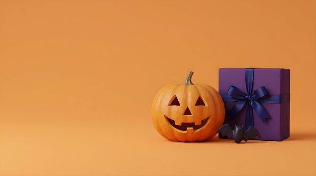 A delightful halloween still life with a traditionally carved pumpkin and a present beautifully tied with ribbon against a warm orange backdrop