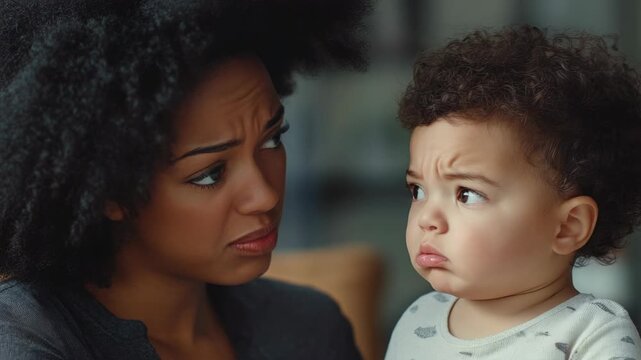African American Mother and Toddler with Curly Hair Making Funny Grumpy Faces