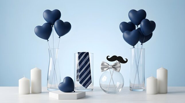 Lovely baby shower decorations feature dark blue balloons a stylish necktie and a playful mustache prop for a little boy s special
