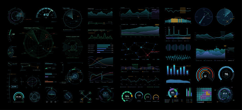 Futuristic sci-fi HUD dashboard interface kit with cyberpunk circular target radars, digital data graphs, network telemetry charts, and virtual screen UI graphic elements. Vector HUD.