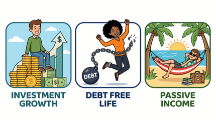 Fototapeta premium Cartoon vector illustration set showing investment growth with coins, debt free life breaking chains and passive income on beach hammock