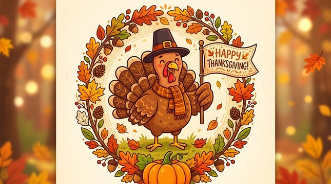 Cute cartoon turkey wearing a pilgrim hat and scarf holding a happy thanksgiving sign inside a decorative autumn leaf wreath