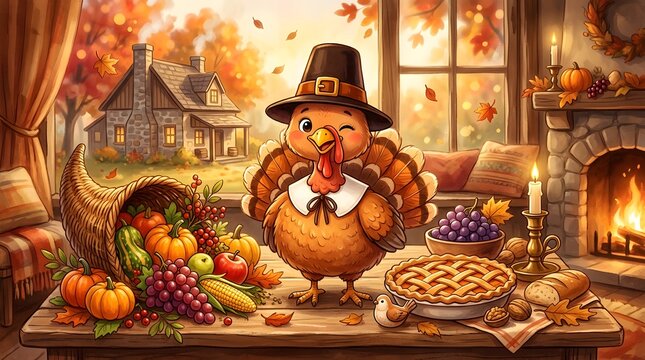 Cute cartoon turkey wearing a pilgrim hat standing on a wooden table with thanksgiving feast, cornucopia, pumpkin pie, and autumn decorations