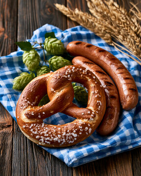 Salty pretzel, grilled sausages with fresh green hops on blue and white Bavarian pattern tablecloth. Octoberfest snacks, country picnic and German cuisine concept. Still life shot for poster, menu