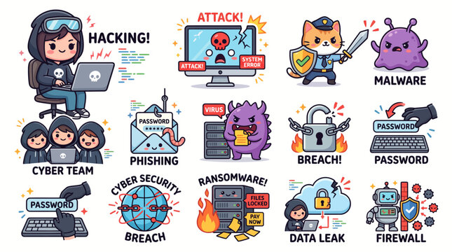 Cute kawaii cyber attack icons set with hacking phishing malware ransomware breach and firewall cartoon illustrations
