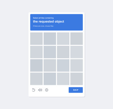 Captcha security image verification grid template with blank placeholder tiles. Website user protection form with request text window, reload, audio and skip button elements. Vector UI, UX.