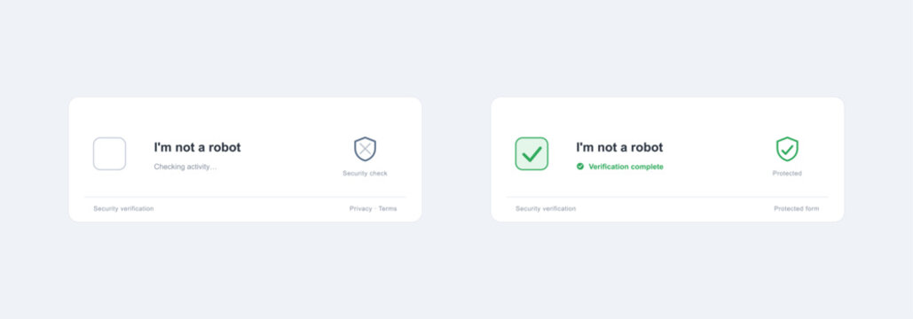 Captcha security verification boxes with "I'm not a robot" checkbox check mark. Website user authentication form and complete cyber security layout protection. Vector dashboard with UI, UX.