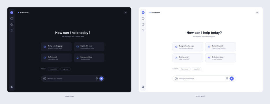 AI assistant chat interface template in dark and light mode. Artificial intelligence chatbot homepage layout with prompt cards, text input bar, sidebar navigation and user dashboard. Vector UI, UX.