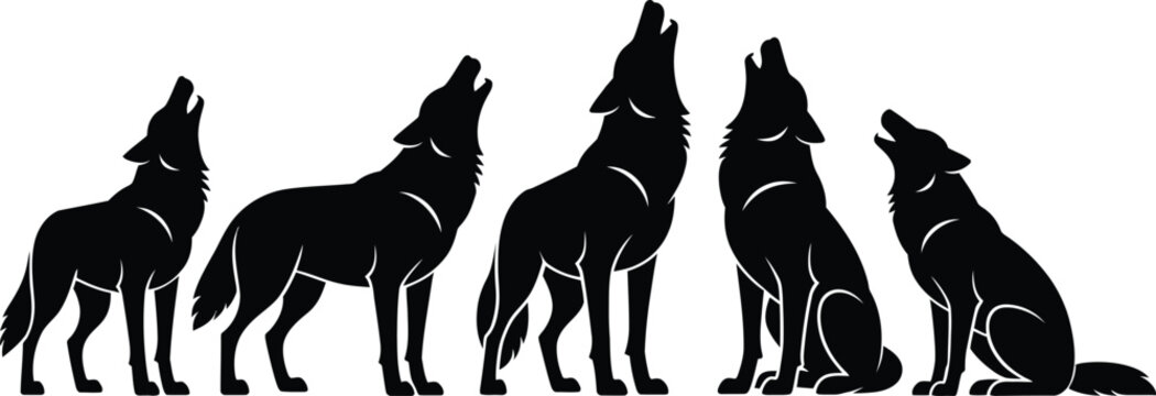 Black wolf silhouettes standing and sitting in a row, howling and alert animal wildlife vector illustration