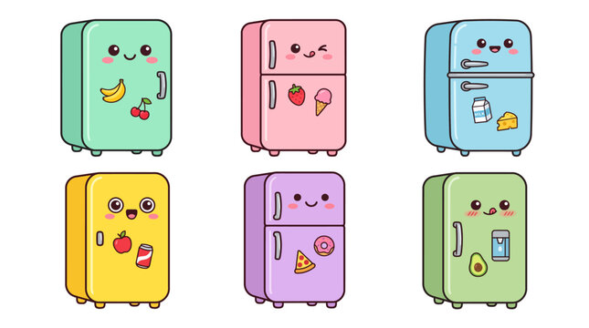 Cute kawaii refrigerator set with colorful smiling fridges decorated with fruit magnets and food stickers cartoon illustration