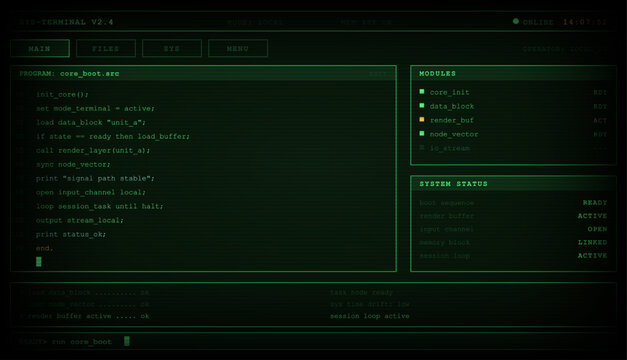 Retro cyber security terminal interface template with green code lines. Old computer command line screen layout, software program boot text editor window and system status data. Vector dashboard with 