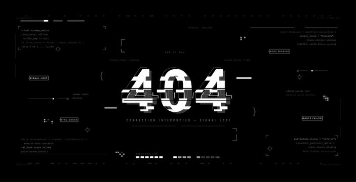 Glitch 404 error page template with futuristic HUD terminal interface elements. Connection interrupted and signal lost screen banner layout, web code lines and cyber tech system error. Vector dashboar