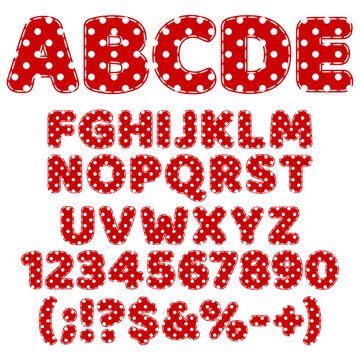 Font, alphabet from made of polka dot fabric and stitches. Isolated vector objects on white background. 