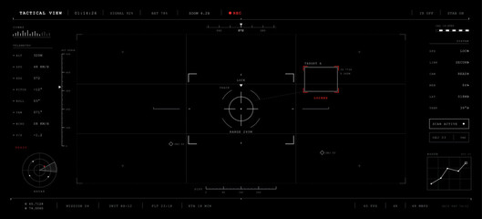 Military drone tactical view HUD interface template. Futuristic target tracking screen layout with aiming crosshair, sonar radar scanning grid, telemetry metrics and flight data. Vector hud. © 24 std