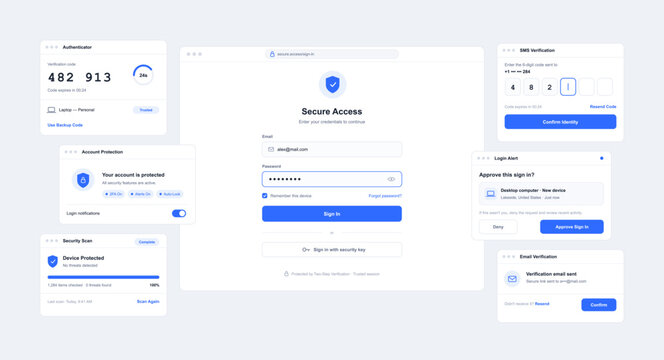 Cyber security and safe authentication interface set. Two-factor authentication forms with login window, account protection status, email confirmation and sms notification layout. Vector UI, UX.