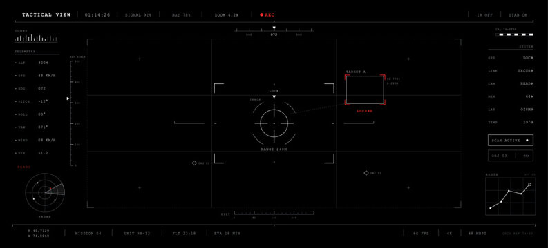 Military drone tactical view HUD interface template. Futuristic target tracking screen layout with aiming crosshair, sonar radar scanning grid, telemetry metrics and flight data. Vector hud.