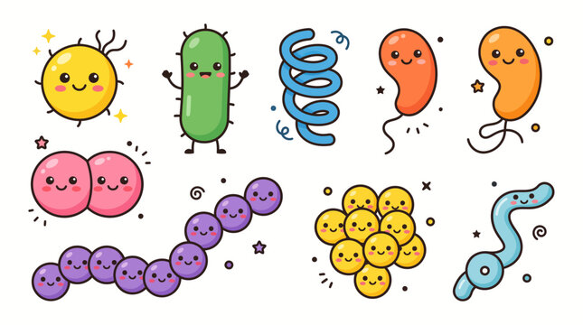 Kawaii Cartoon Bacteria Set - Cute Microbe and Germ Characters with Happy Faces
