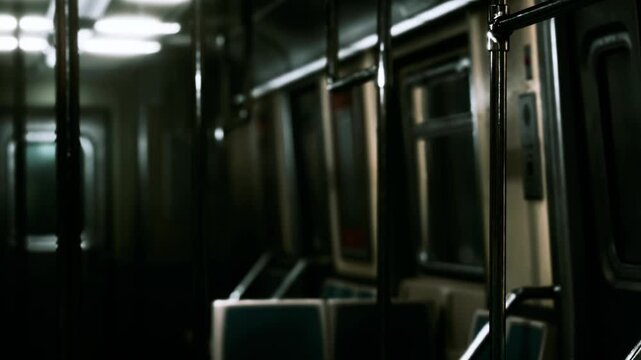 A subway train sits empty during the night. Dim lights illuminate the train interior, highlighting metal poles and rows of seats. The empty space creates a quiet atmosphere.
