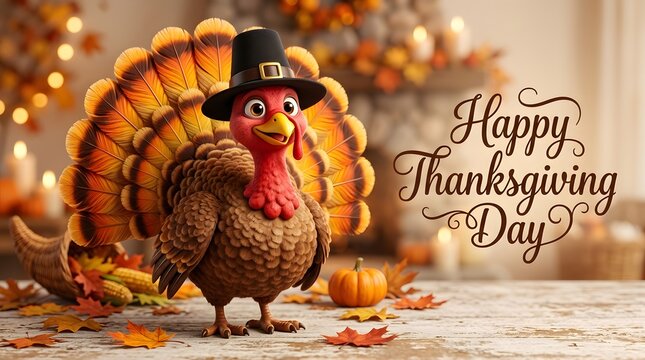 Cute cartoon turkey wearing a pilgrim hat with autumn leaves and pumpkins on a rustic wooden table for thanksgiving celebration