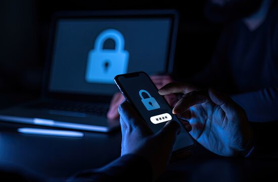 Person using smartphone and laptop with digital lock icons, implying security