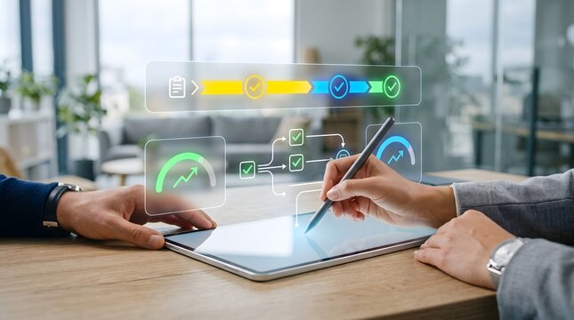 Professional using stylus pen on tablet with holographic workflow progress bar and data analytics dashboard