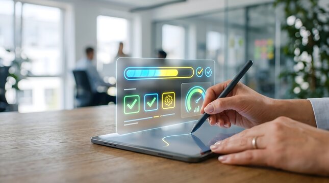 Professional using stylus pen on tablet with holographic workflow progress bar and data analytics dashboard