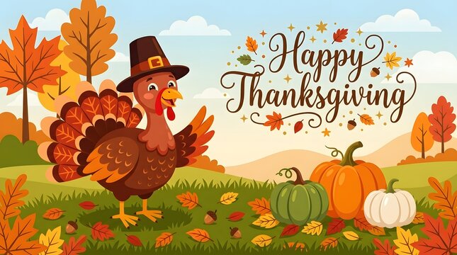 Vector illustration of a cute turkey in a pilgrim hat standing in a field with pumpkins and autumn leaves for thanksgiving