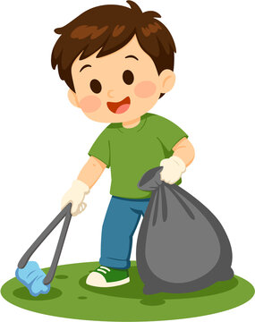 Boy Picks Up Trash with Tongs and Bag