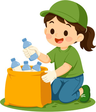 Child Recycling Plastic Bottles into Bag