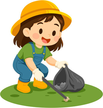 Child Cleaning Up Trash with a Stick and Bag