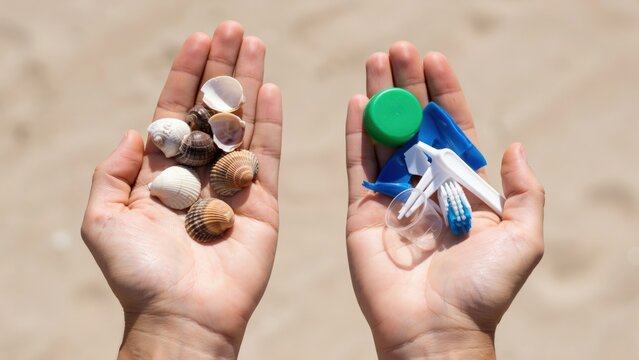 Hands holding natural seashells and plastic trash