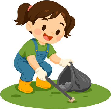 Child Cleans Up Litter with Trash Bag