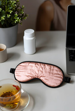 Sleep health and wellness concept, pink eye mask with herbal tea and supplements on a desk for relaxation