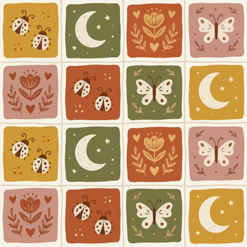 Seamless Background featuring a Boho Pattern with Folk Art Nature Elements and Warm Earth Tones