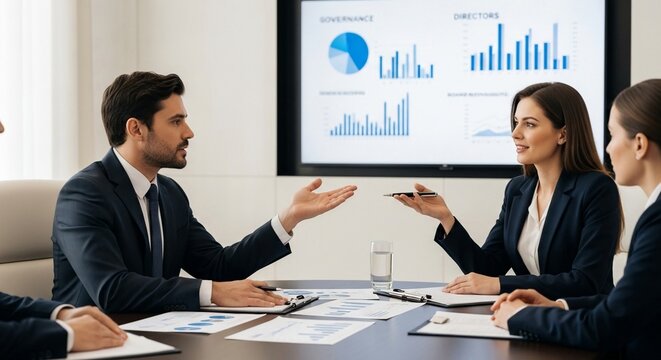 Business professionals analyzing financial data in a modern boardroom during a strategic meeting, showcasing charts on a large screen.