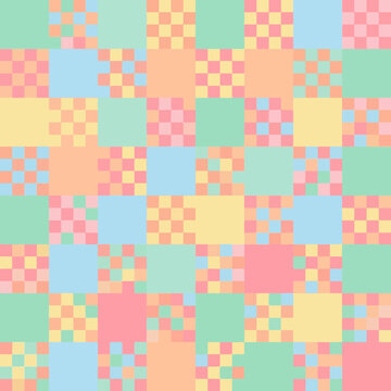 Vibrant pastel checkered pattern featuring a colorful grid and geometric patchwork design, creating a soft abstract background ideal for nursery