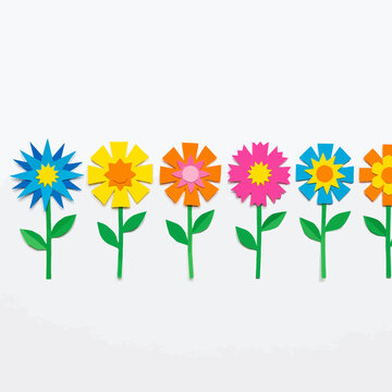 Row of colorful flowers and floral border in paper cut style, depicting a summer garden through a minimalist illustration on plain white background.
