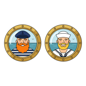 Maritime, marine, ship window - Nautical portrait illustration featuring a ship captain and a sailor in brass porthole frames over a blue sea