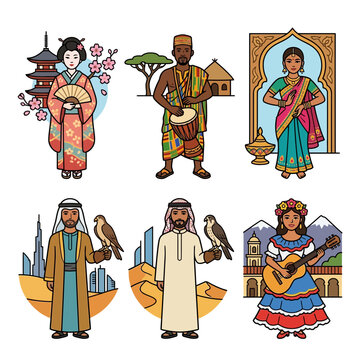 A global collection of people representing diverse culture and heritage through traditional clothing, showcasing international diversity and world
