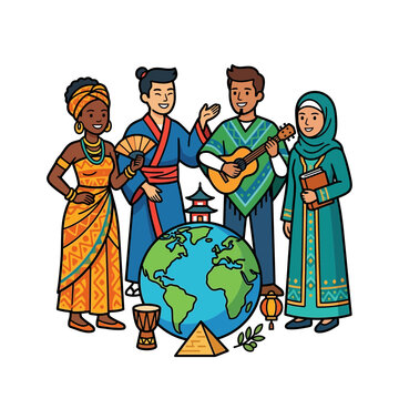 A celebration of global diversity and culture where diverse people from around the world stand in unity behind a globe to represent peace.