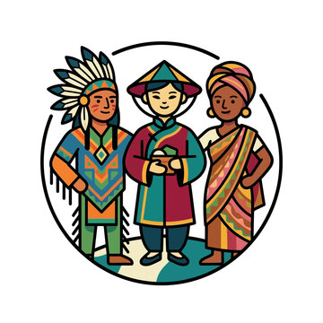 A vibrant illustration of global diversity and multicultural people wearing traditional clothing to symbolise international unity and inclusion.
