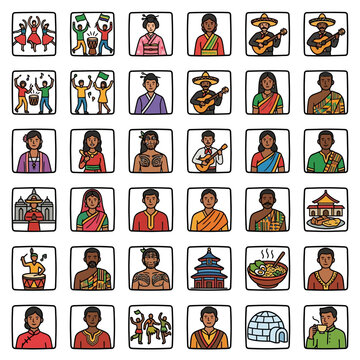 A comprehensive set of culture and diversity icons featuring people from across the global community in tradition and ethnic attire.