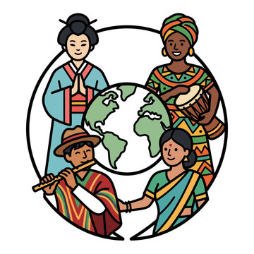 Celebrating diversity and culture through global unity as people from different backgrounds stand together around the world globe.
