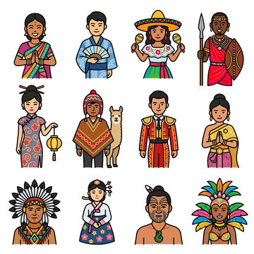 A collection of global people representing diverse world culture wearing traditional costumes and ethnic clothing from many nations.