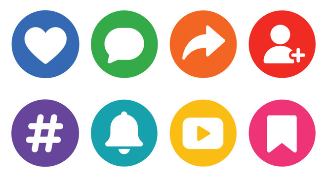 Social media interface icon set features colorful circles for engagement sharing and notification.